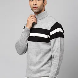 Campus Sutra Men Grey Melange & Black Striped Pullover image 3