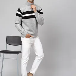 Campus Sutra Men Grey Melange & Black Striped Pullover image 5
