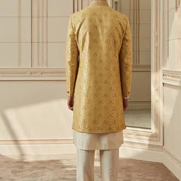 Tasva Men Green & Off-White Woven Design Embroidered Detail Brocade Achkan Set image 4