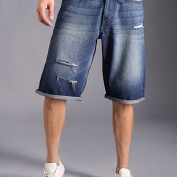 High Star Men Washed Mid-Rise Distressed Cotton Denim Shorts-picture-19
