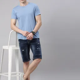 CINOCCI Men Washed Slim Fit Distressed Denim Shorts image 2