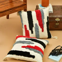 HOMEMONDE White & Red 2 Pieces Abstract Cotton Square Cushion Covers-picture-18