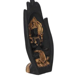 Golden and Black Polyresin Handcrafted Meditating Buddha Under Palm with Wooden Base by eCraftIndia image 2