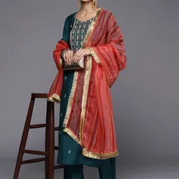 Varanga Women Teal Ethnic Motifs Yoke Design Thread Work Kurta with Trousers & With Dupatta image 1