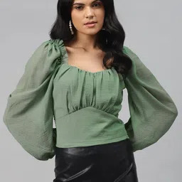 plusS Alluring Green Solid Smocked Top image 1