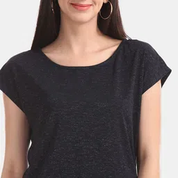 U.S. Polo Assn. Women Navy Blue Solid Round Neck T-shirt image 2