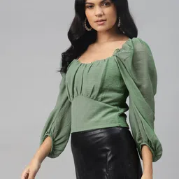 plusS Alluring Green Solid Smocked Top image 3