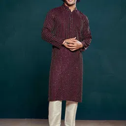 Vardha Men Striped Cold-Shoulder Sleeves Thread Work Handloom Kurta-picture-32
