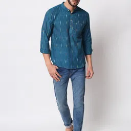 Vastraa Fusion Ikat Printed Band Collar Pure Cotton Kurta image 4