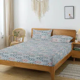 aurave Blue Floral 144 TC Cotton King Fitted Bedsheet with 2 Pillow Covers-picture-12