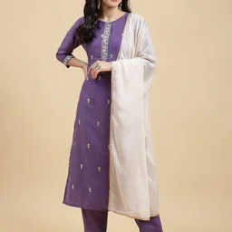 HERE&NOW Floral Embroidered A-Line Kurta With Trousers & Dupatta-picture-39