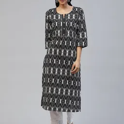 PIROH Women Black & White Ikat Printed Cotton Straight Kurta-picture-30
