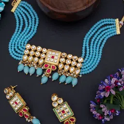Sukkhi Gold Plated Blue & White Kundan-Studded & Beaded Jewellery Set image 1