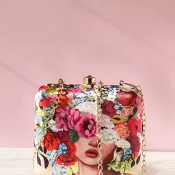 Swisni Women Gold-Toned & Red Printed Box Clutch-picture-40