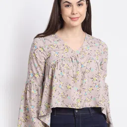La Zoire Brown Floral Print Georgette Cinched Waist Crop Top-picture-11
