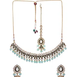 Crunchy Fashion Gold Plated & Kundan Studded Necklace & Earrings With Maang Tika image 2