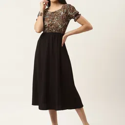 Slenor Black & Brown Animal Crepe A-Line Midi Dress image 5