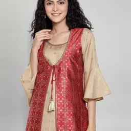 AURELIA Women Maroon & Beige Ethnic Motifs Printed Regular Kurta with Palazzos & Jacket image 2