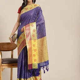 Silk Land Navy Blue & Yellow Ethnic Motifs Zari Art Silk Kanjeevaram Saree image 2