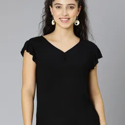 Oxolloxo V-Neck Short flutter Sleeves Regular Crepe Top image 1