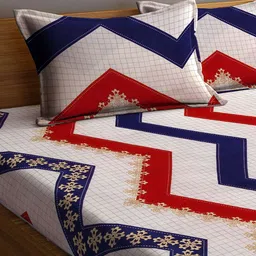 Arrabi Beige & Red Geometric 300 TC King Bedsheet with 2 Pillow Covers image 2