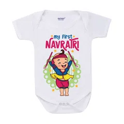 KNITROOT Infant Boys Cotton Baby Romper My First Navratri Boy White Baby Romper-image-2
