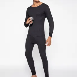 SPORTO Men Black Self-Striped Ultima Ultra-Thin Feather-Soft Thermal Bottom image 3