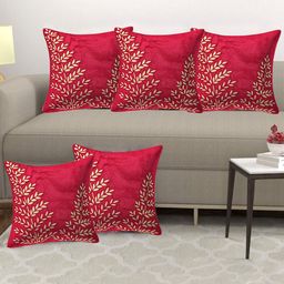 Creeva Red & Gold-Toned 5 Pieces Floral Velvet Square Cushion Covers-picture-16