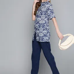 HERE&NOW Navy Blue & White Ethnic Motifs Printed Pure Cotton A-Line Kurti image 1