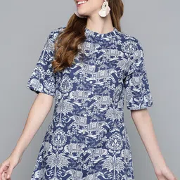 HERE&NOW Navy Blue & White Ethnic Motifs Printed Pure Cotton A-Line Kurti image 3