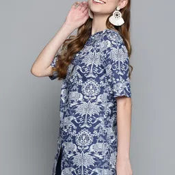 HERE&NOW Navy Blue & White Ethnic Motifs Printed Pure Cotton A-Line Kurti image 4