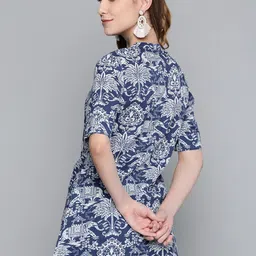 HERE&NOW Navy Blue & White Ethnic Motifs Printed Pure Cotton A-Line Kurti image 5