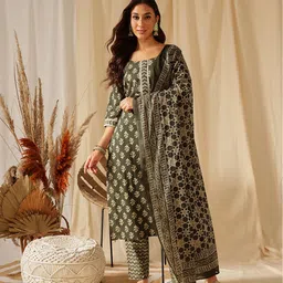 Ginni Arora Label Women Floral Printed Regular Pure Cotton Kurta with Trousers & With Dupatta image 1