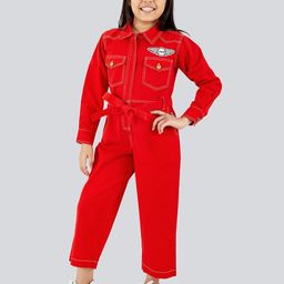 Olele Girls Shirt Collar Waist Tie-Ups Cotton Basic Jumpsuit-picture-48