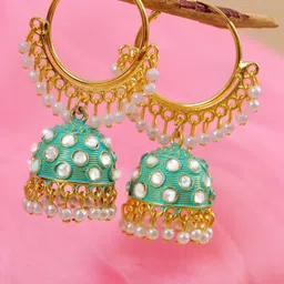Crunchy Fashion Green & Gold-Toned White Pearls Contemporary Jhumkas Earrings-picture-13