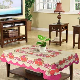 Kuber Industries Beige & Pink Floral Printed 4-Seater Rectangle Cotton Table Cover image 1