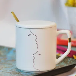 Giftii White Printed Ceramic Glossy Mugs Ceramic Coffee Mug With Lid & Spoon 350 ml-picture-20