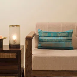 Fabindia Turquoise Blue & Gold-Toned Embroidered Silk Rectangle Cushion Cover-image-0