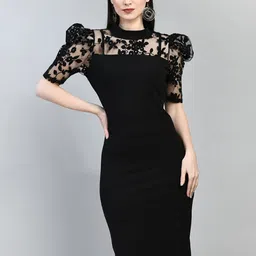 BAESD High Neck Long Puff Sleeve Knee Length Bodycon Dress-image-14