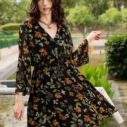STREET 9 Black & Green Floral Printed Wrap Dress-picture-12