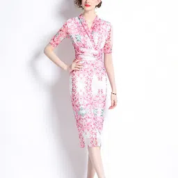 JC Collection Floral Printed Short Sleeves V-Neck Back Slit Tie-Up Bodycon Dress image 4