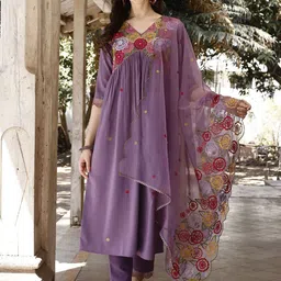 KALINI Floral Embroidered Thread Work Chanderi Cotton Kurta with Trousers & Dupatta image 1