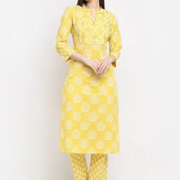 MYAZA Women Yellow Ethnic Motifs Printed Thread Work Pure Cotton Kurti with Trousers-picture-11