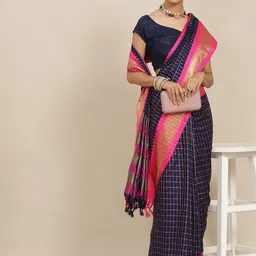 Ishin Navy Blue & Pink Checked Zari Silk Cotton Saree-image-64