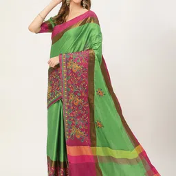 SERONA FABRICS Green & Pink Embellished Embroidered Silk Cotton Saree-picture-31