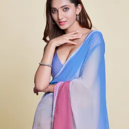 Mitera Pink & White Ombre Pure Chiffon Saree-image-23