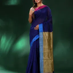 Charukriti Navy Blue & Gold-Toned Pure Cotton Saree image 2
