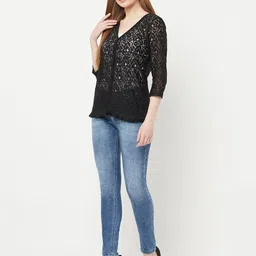 Espresso Women Black Tasselled Lace Button Shrug image 2