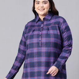 Oxolloxo Plus Size Checked Shirt Collar Cuffed Sleeves Pleated Cotton Shirt Style  Top-picture-15