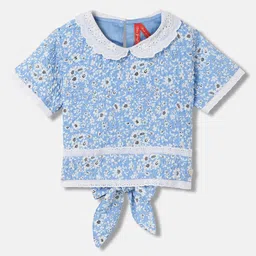 Blue Giraffe Floral Print Bell Sleeve Cotton Top-image-10